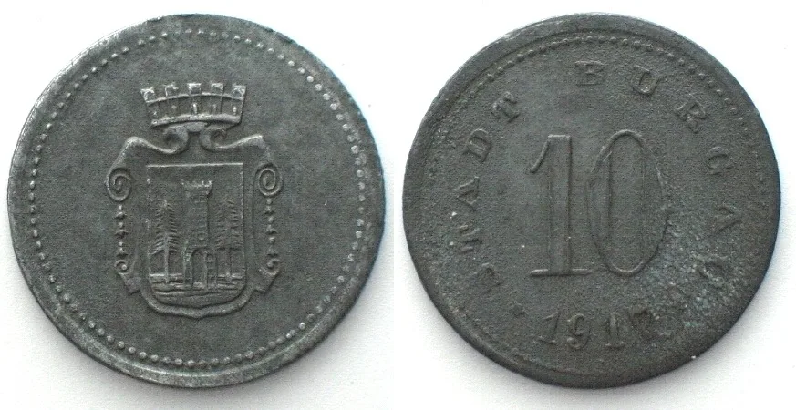 1917 Germany BURGAU (Bavaria) 10 Pfennig 1917, reeded edge, NOTGELD, zinc AU