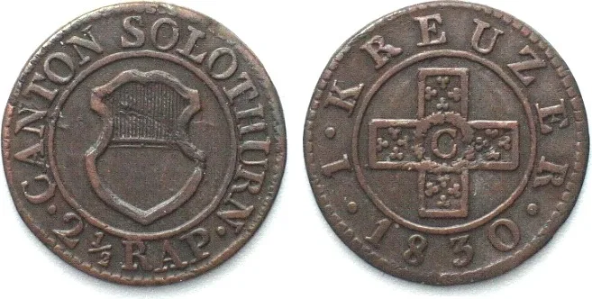 1830 Swiss Cantons SOLOTHURN Kreuzer (2-1/2 Rappen) 1830 billon VF-XF