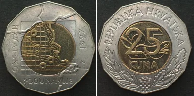 1997 CROATIA 25 Kuna 1997, DANUBE, bi-metallic, UNC