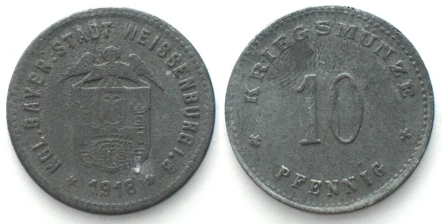 1918 Germany WEISSENBURG (Bavaria) 10 Pfennig 1918, NOTGELD, zinc VF-XF VF-EF