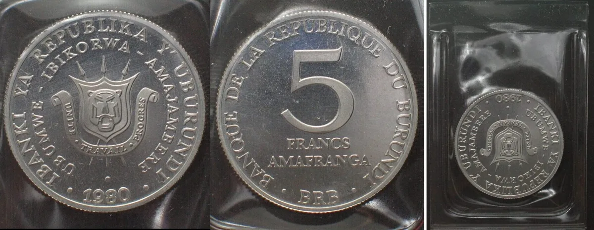 1980 BURUNDI. 5 Francs 1980, Alu, sealed Prooflike Specimen for Presentation purposes Prooflike