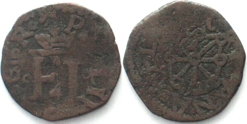 1556-1598 Spanish States NAVARRE. 4 Cornados ND (1556-98) PHILIP II copper aVF VF-