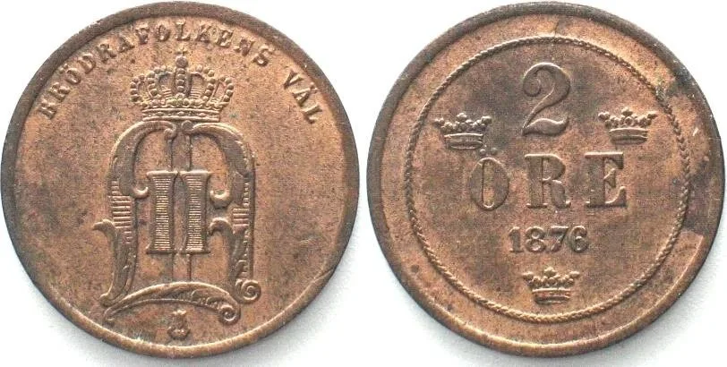 1876 SWEDEN. 2 Öre 1876, OSCAR II, bronze, XF! EF