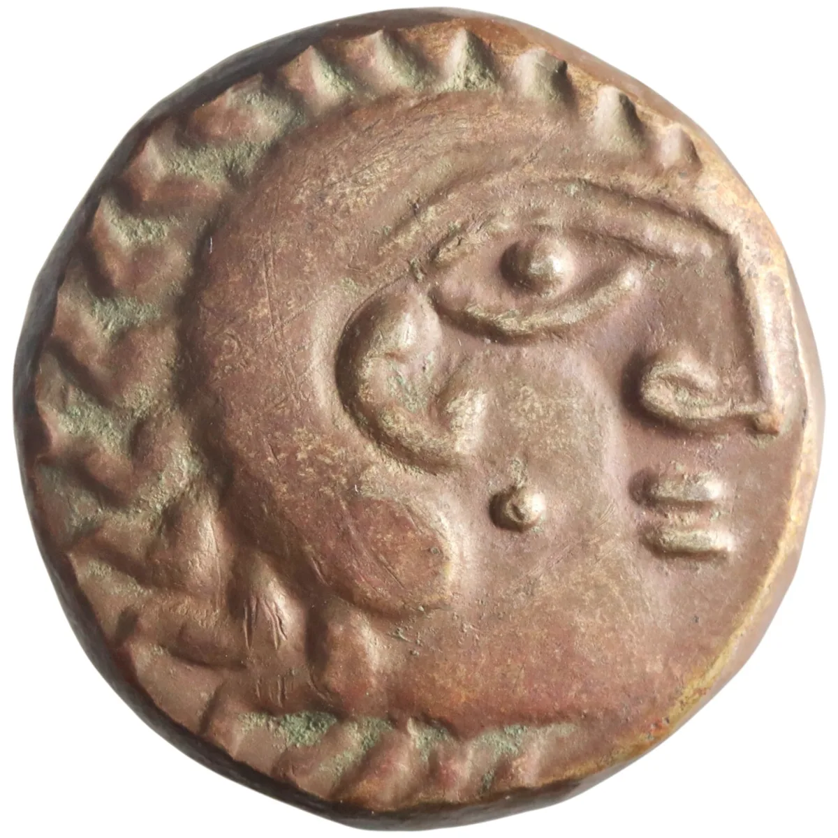Eastern Arabia, Mleiha: in name of Abi'el, billon/bronze tetradrachm (15.89g), Mleiha (Maleha, Sharjah) mint, 100 BCE-200 CE. Crude imitation of the coinage of Alexander III the Great. Head of Herakles, wearing lion skin, pellet on cheek / Figure seated,
