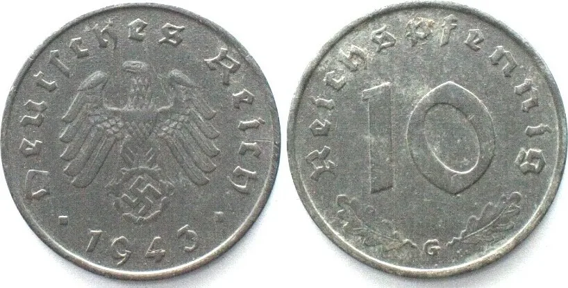 1943 Germany THIRD REICH 10 Reichspfennig 1943 G, zinc, key date! AU!