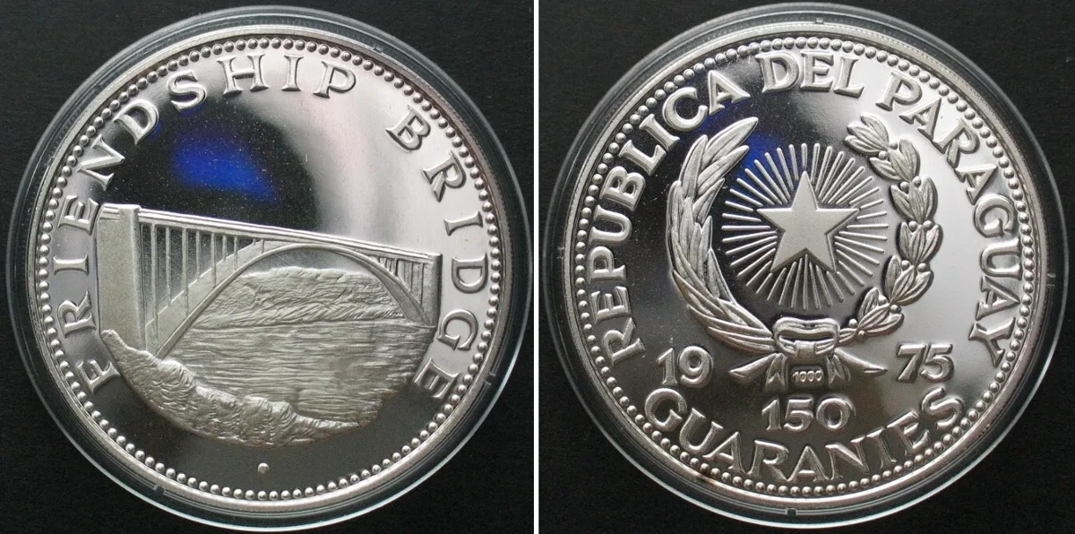 1975 PARAGUAY. 150 Guaranies 1975, FRIENDSHIP BRIDGE, silver Proof RARE! Proof