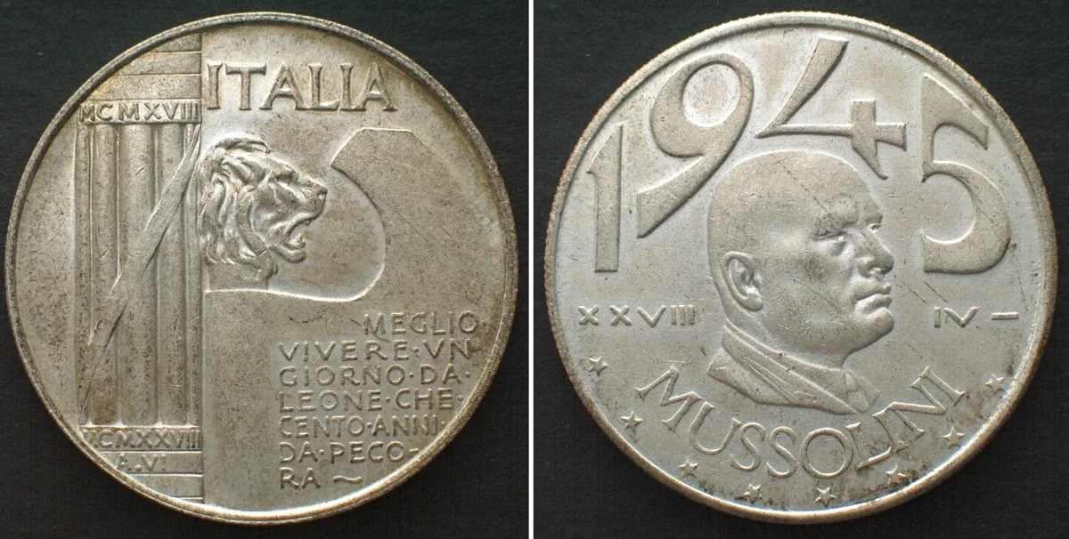 1945 ITALY 20 Lire 1945 MUSSOLINI silvered brass UNC-
