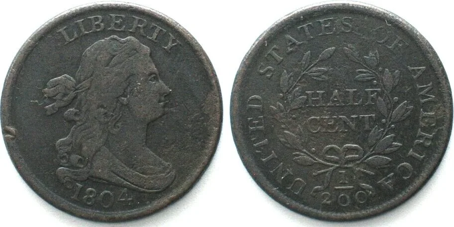 1804 USA 1/2 Cent 1804 Spike chin DRAPED BUST HALF CENT Philadelphia mint, copper VF