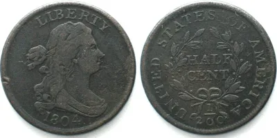 1804 USA 1/2 Cent 1804 Spike chin DRAPED BUST HALF CENT Philadelphia mint, copper VF