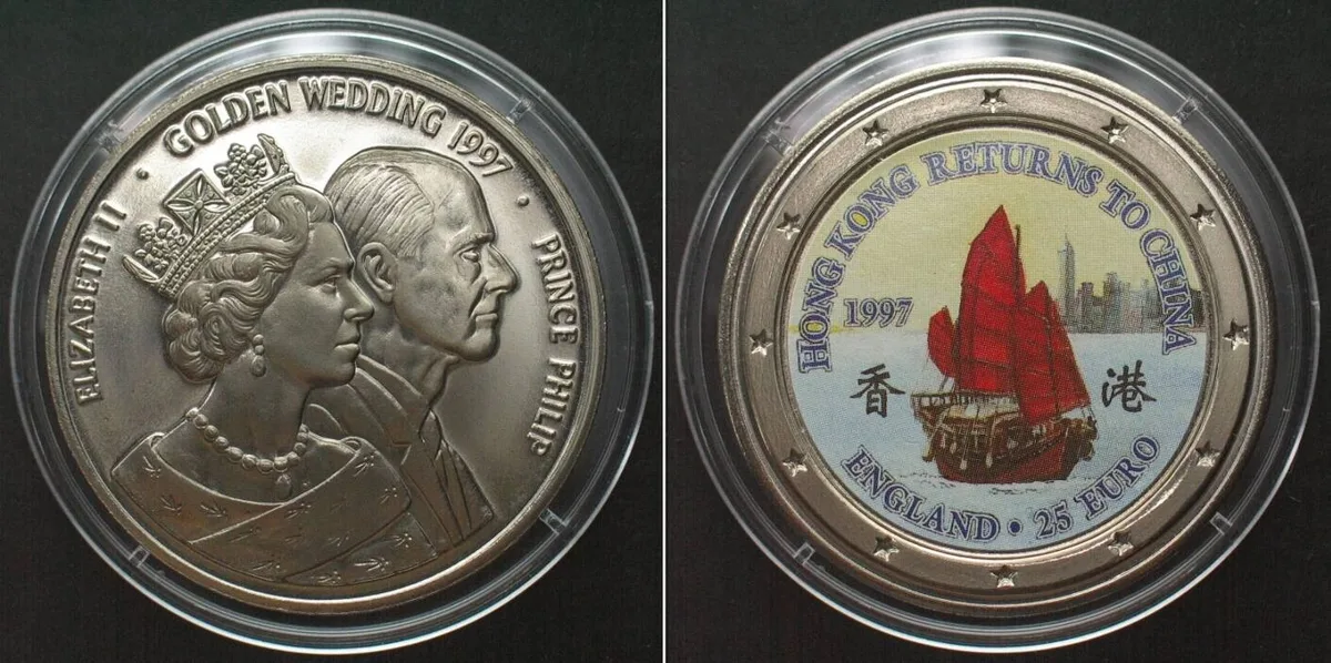 1997 UK 25 Euro 1997 Ship HONG KONG RETURNS TO CHINA / GOLDEN WEDDING Cu-Ni BU