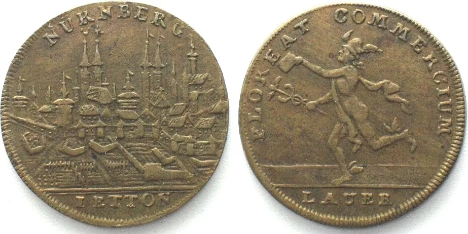 1800 NUREMBERG. Counter FLOREAT COMMERCIUM about 1800 by Lauer, brass 24mm VF+
