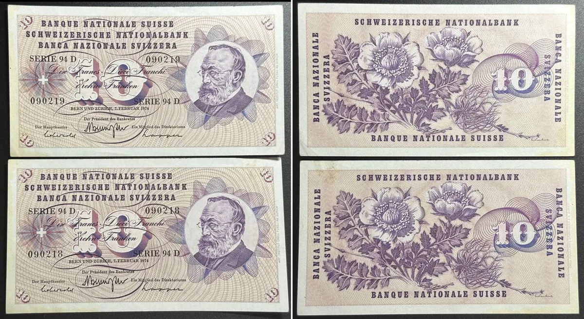 1974 SWITZERLAND 2 x 10 Franken 7.2.1974, UNC-, CONSECUTIVE SERIAL NUMBERS UNC-