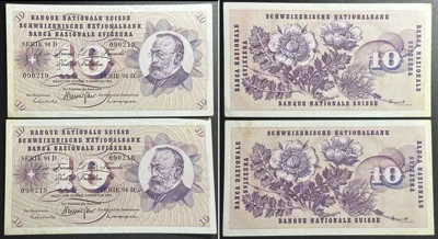 1974 SWITZERLAND 2 x 10 Franken 7.2.1974, UNC-, CONSECUTIVE SERIAL NUMBERS UNC-