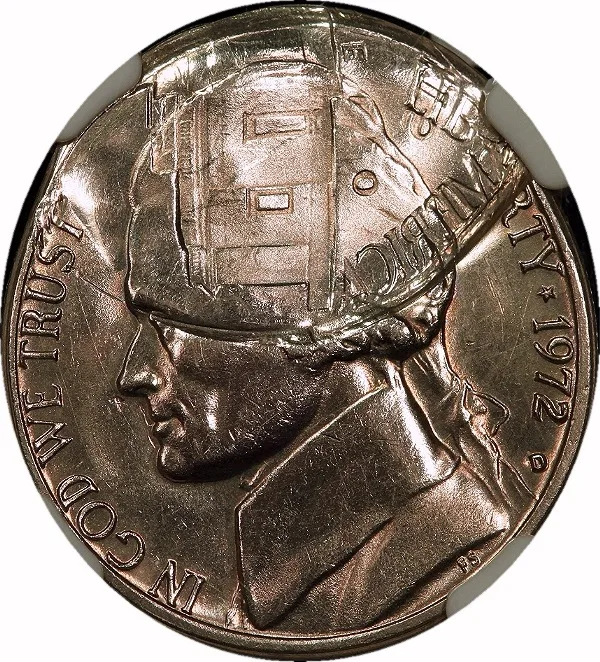 Jefferson Nickel, 1972, Double Struck 2nd Strike 50% Off center, 5¢ , Unc Details (Cleaned)