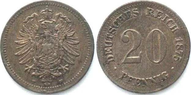 1875 Germany EMPIRE 20 Pfennig 1875 F, silver VF-XF VF-EF
