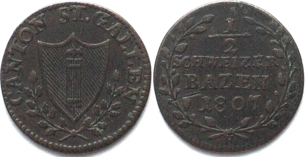 1807 SAINT GALL Canton 1/2 Schweizer Batzen 1807 billon VF+ KEY DATE! VF+