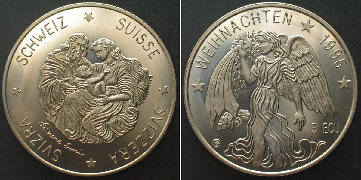 1995 SWITZERLAND 5 Ecu 1995 CHRISTMAS Cu-Ni by Simone Erni, BU