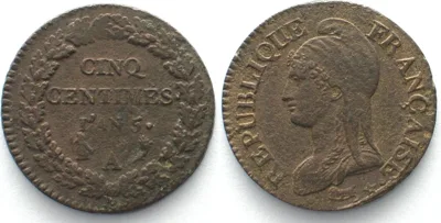 1796-1797 FRANCE 5 Centimes AN 5 (1796-97) A Paris copper AU!