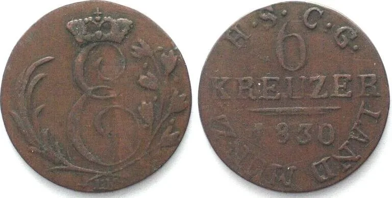 1830 German States SAXE-COBURG-GOTHA 6 Kreuzer 1830, ERNST I, Billon VF