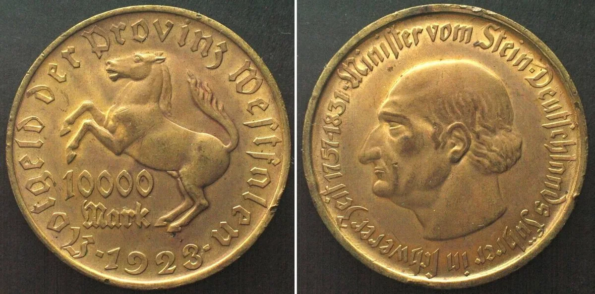 1923 Germany WESTPHALIA 10,000 Mark 1923 NOTGELD tombac UNC-