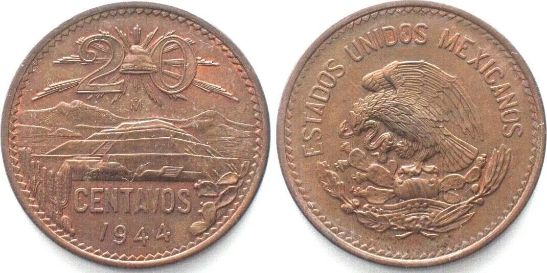 1944 MEXICO. 20 Centavos 1944, bronze, UNC!