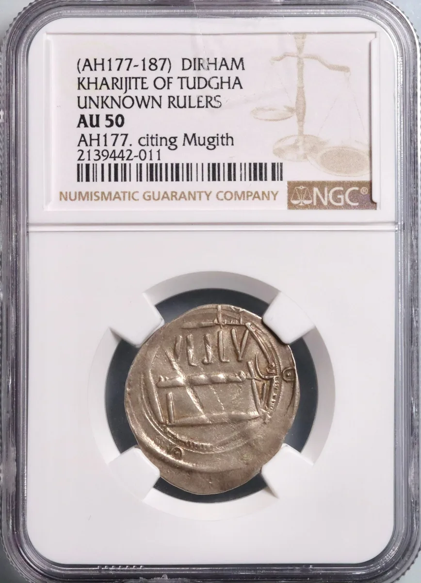 Abbasid: silver dirham, Tudgha mint, AH 177 (793-794 CE). May be issued by local rulers or contemporaries of the Idrisids. Unidentified names in reverse field. NGC AU50. Extremely rare.