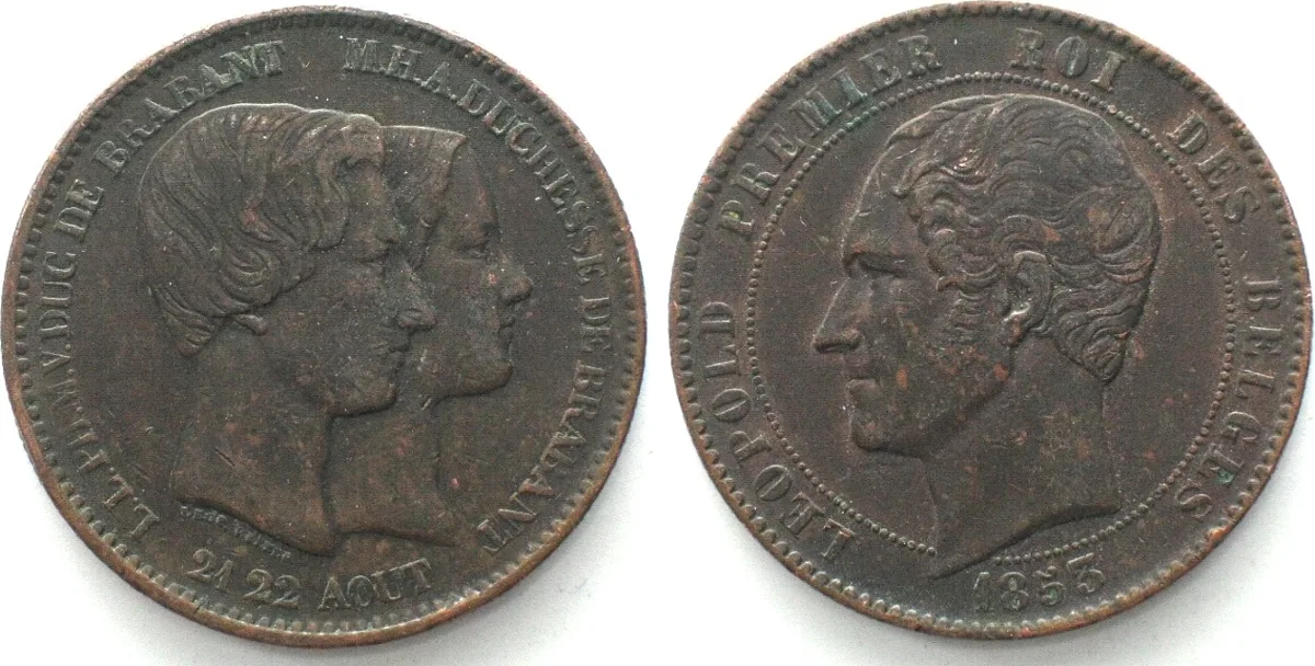 1853 BELGIUM 10 Centimes 1853 Royal Prince Wedding LEOPOLD I copper XF! EF