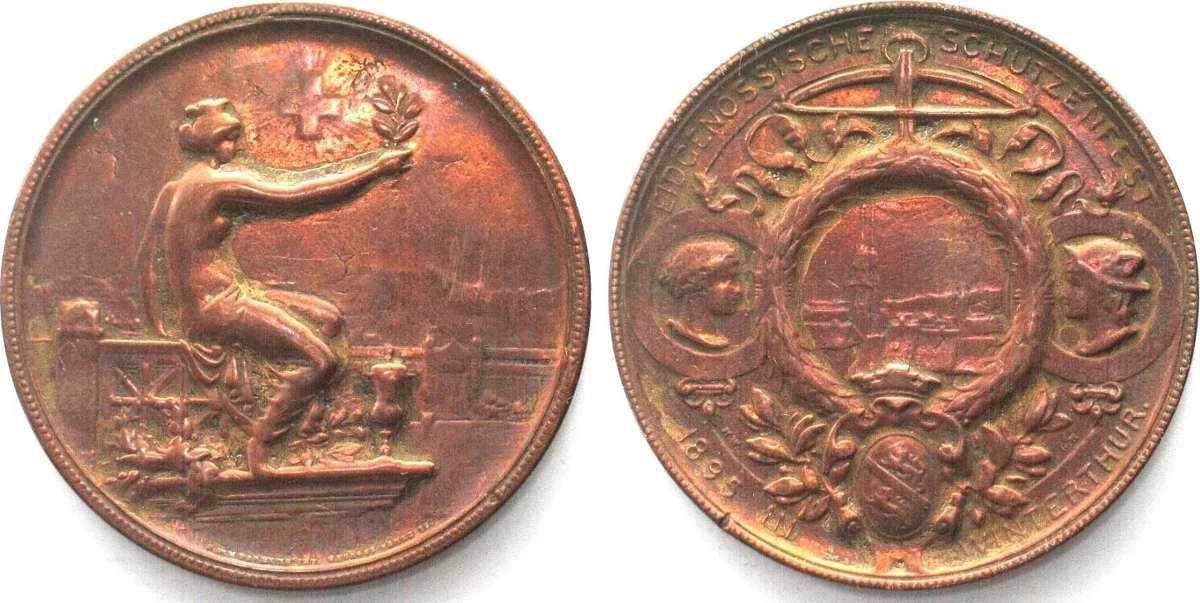 1895 WINTERTHUR SWISS SHOOTING FESTIVAL 1895 Copper medal by HANTZ 45mm VF-EF