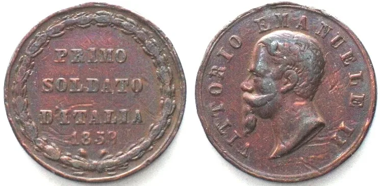 1859 HOUSE SAVOY Medal PRIMO SOLDATO D'ITALIA 1859, VITTORIO EMANUELE II copper RARE! VF+