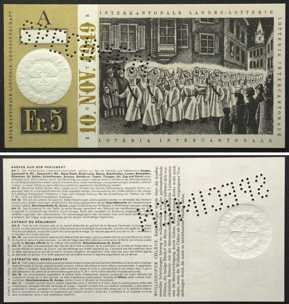 1949 Swisslos INTERKANTONALE LANDES-LOTTERIE - SPECIMEN 5 Francs 1949 RARE! UNC