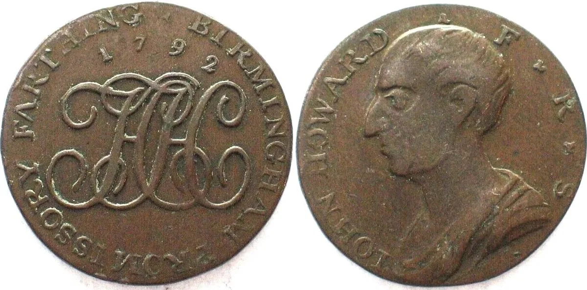 1792 Warwickshire BIRMINGHAM Farthing Token 1792 JOHN HOWARD copper VF+
