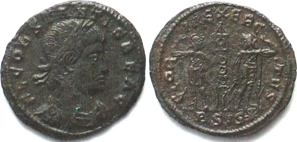 333-350 CONSTANS (333-350 AD). AE Nummus, BSIS*, Siscia mint, GLORIA EXERCITVS, scarce! AU
