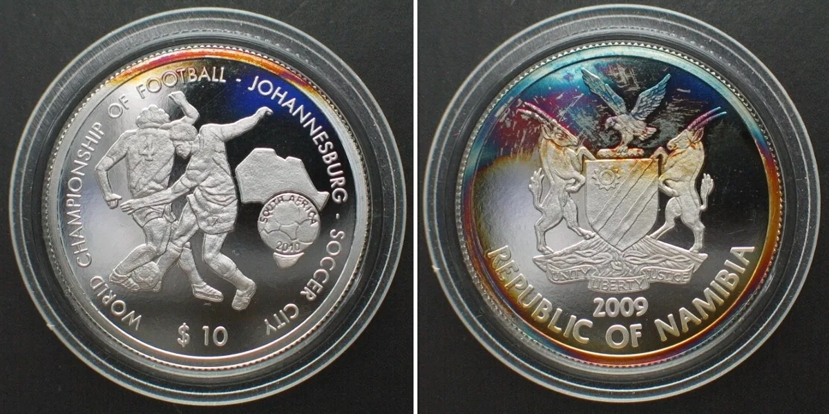 2009 NAMIBIA 10 $ 2009 FOOTBALL WORLD CUP, Soccer City, JOHANNESBURG, silver RARE! Proof