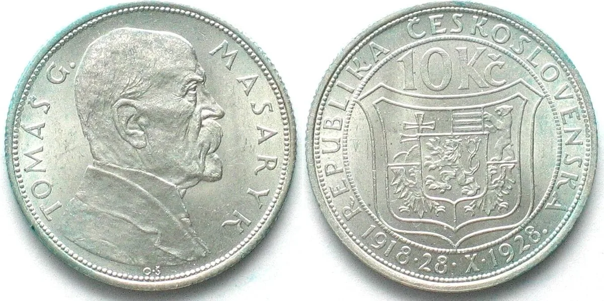 1928 CZECHOSLOVAKIA 10 Korun 1928 Masaryk 10TH ANN. INDEPENDENCE silver BU!