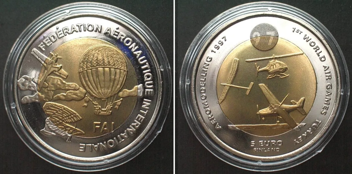 1997 FINLAND 5 Euro 1997, 1st WORLD AIR GAMES IN TURKEY, bi-metallic BU