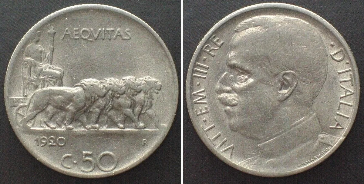 1920 ITALY 50 Centesimi 1920 reeded edge VITTORIO EMANUELE III nickel AU!