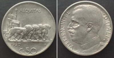 1920 ITALY 50 Centesimi 1920 reeded edge VITTORIO EMANUELE III nickel AU!