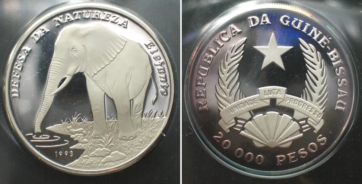 1993 GUINEA-BISSAU 20000 Pesos 1993 Elephant WILDLIFE PROTECTION silver Proof SCARCE! Proof