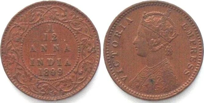 1899 BRITISH INDIA. 1/12 Anna 1899, VICTORIA, copper AU!