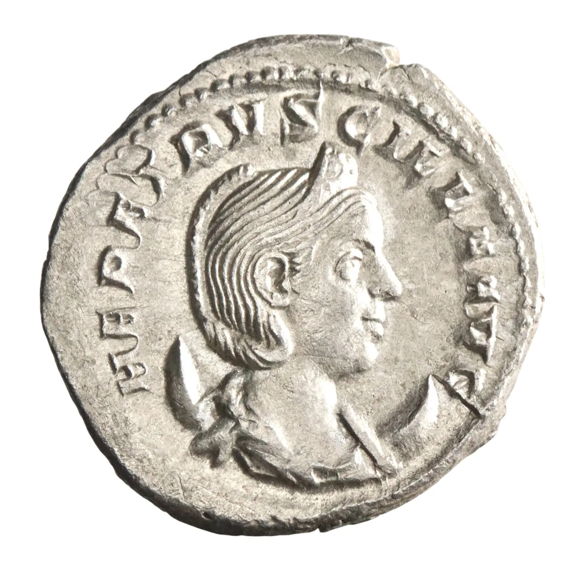 Roman: Herennia Etruscilla (249-251), silver antoninianus (3.94g), Rome mint, 249-251 CE. Diademed and draped bust on crescent / Pudicitia seated, holding sceptre and drawing veil from her face.