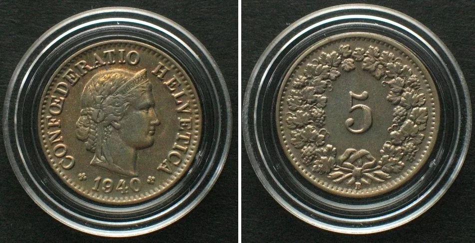 1940 SWITZERLAND 5 Rappen 1940 Cu-Ni UNC!