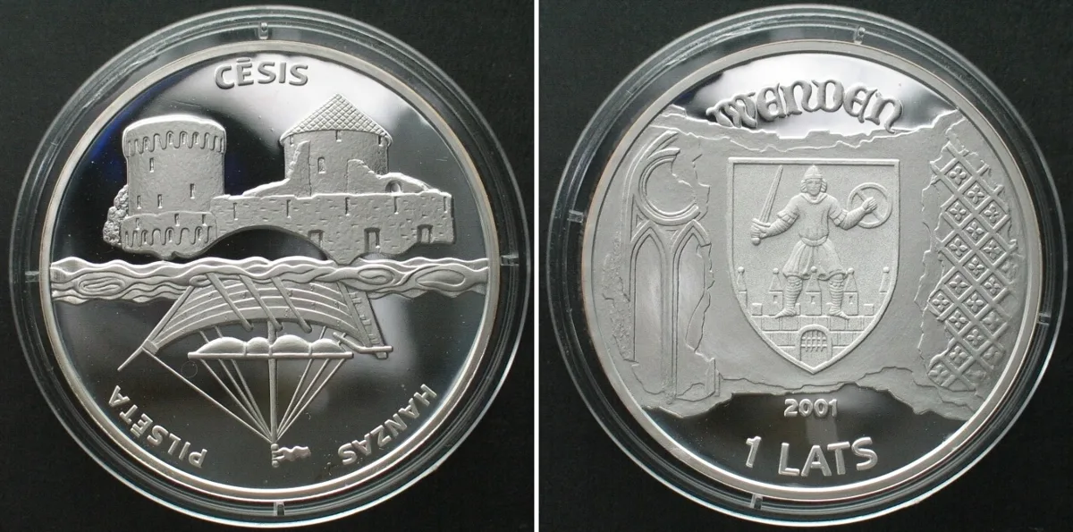 2001 LATVIA 1 Lats 2001 Cesis / Wenden HANSA CITIES silver Proof
