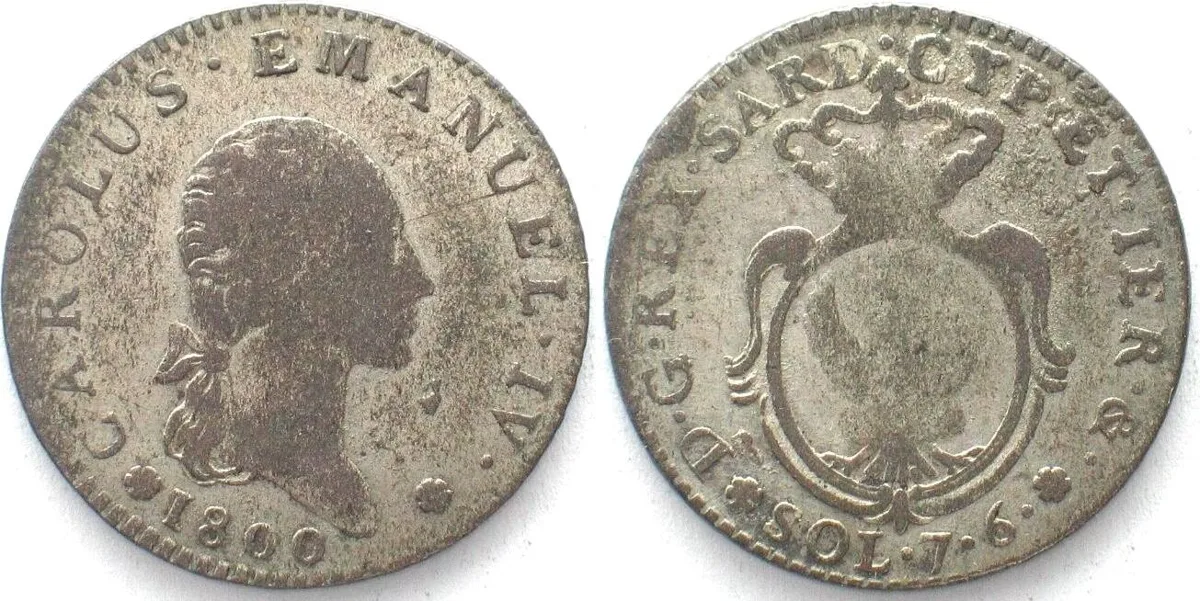 1800 Italy SARDINIA 7.6 Soldi 1800 CARLO EMANUELE IV billon VF