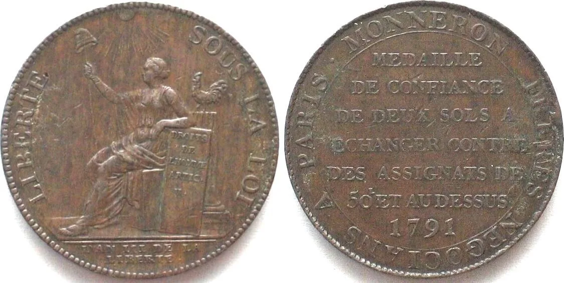 1791 FRANCE 2 Sols 1791 MONNERON Token bronze AU!