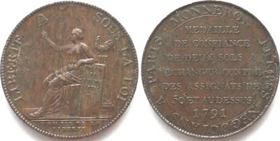 1791 FRANCE 2 Sols 1791 MONNERON Token bronze AU!
