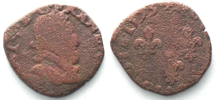 1593 FRANCE Double Tournois 1593 Saint Palais mint, HENRY IV copper F-VF