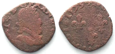 1593 FRANCE Double Tournois 1593 Saint Palais mint, HENRY IV copper F-VF