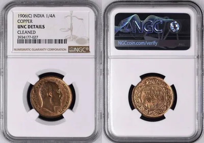 1/4A 1906(C) BRITISH INDIA 1/4 Anna 1906 EDWARD VII copper NGC UNC Details ! NGC UNC Details