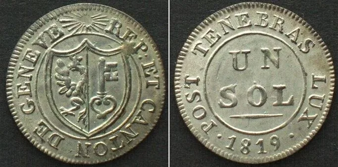 1819 Swiss Cantons GENEVA Sol 1819 billon BU!!!