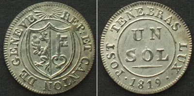 1819 Swiss Cantons GENEVA Sol 1819 billon BU!!!